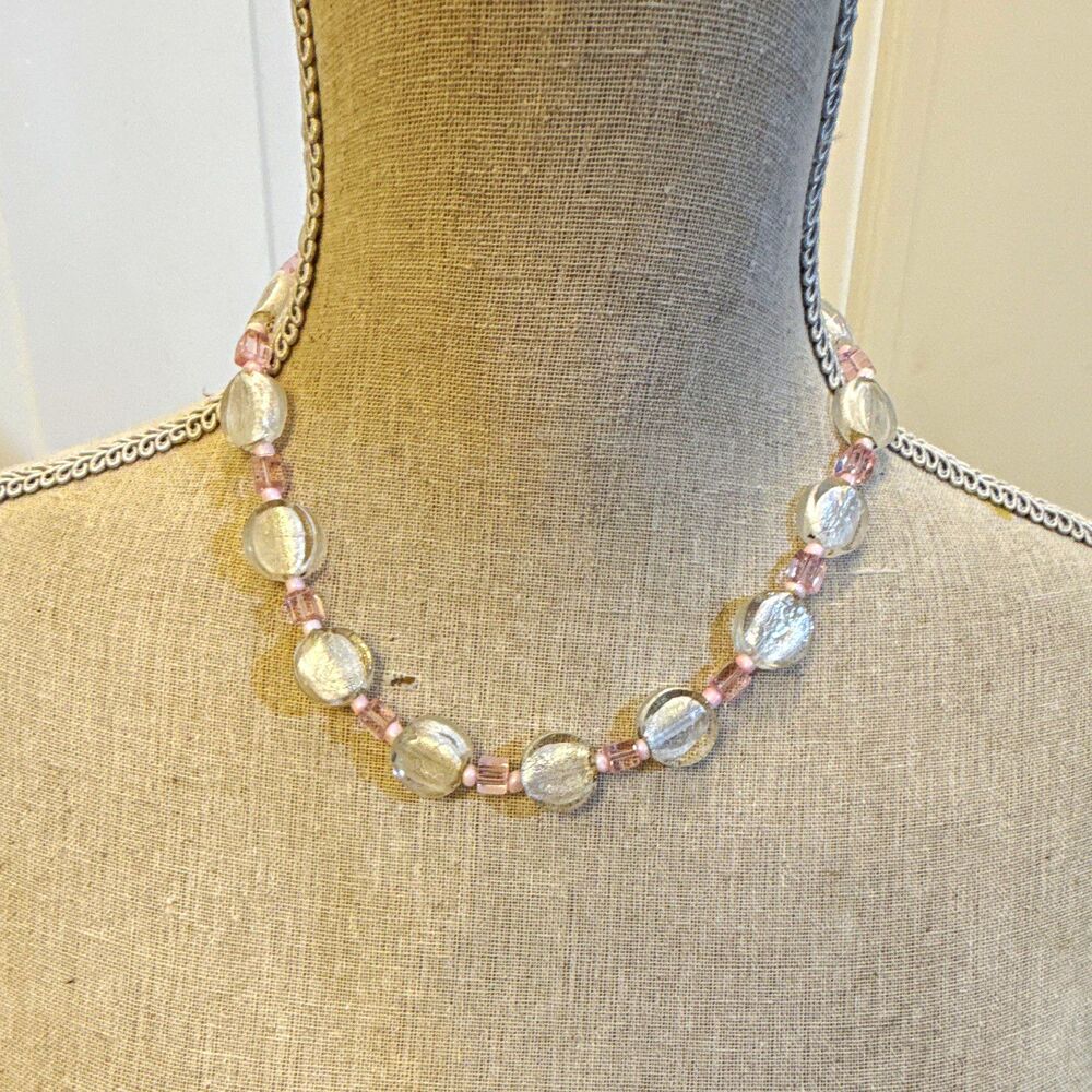 PINK/CLEAR GLASS BEADED NECKLACE SILVER TONE BALL/BEAD CHAIN TOGGLE CLASP